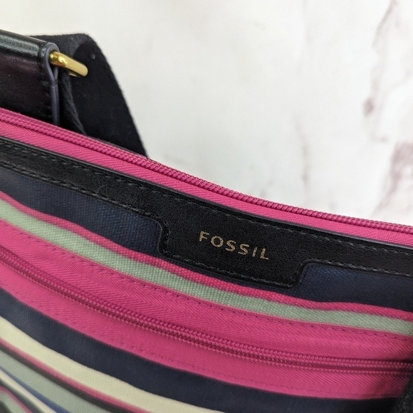 Fossil Eliza Black Multi Stripe Crossbody Messenger Bag Purse Pink Dots Stripes - Picture 9 of 16